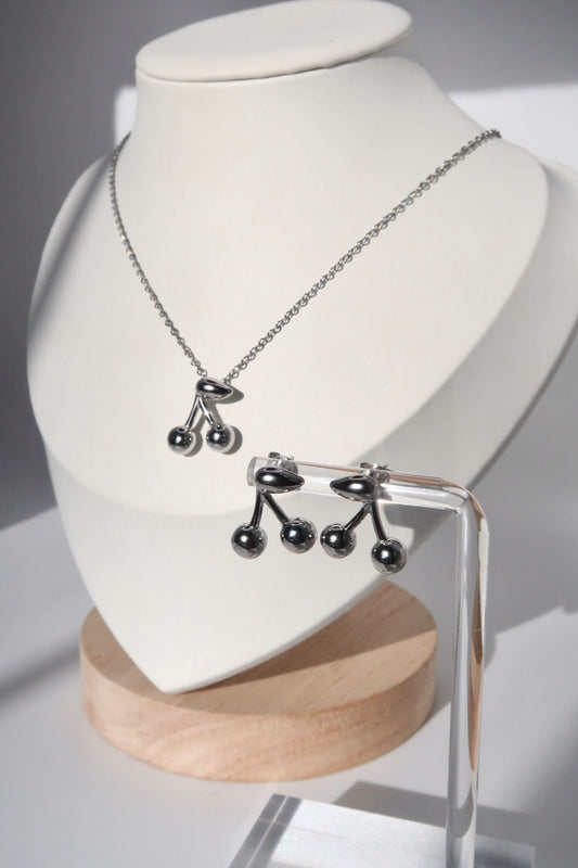 Cherry Necklace & Earrings Set SILVER